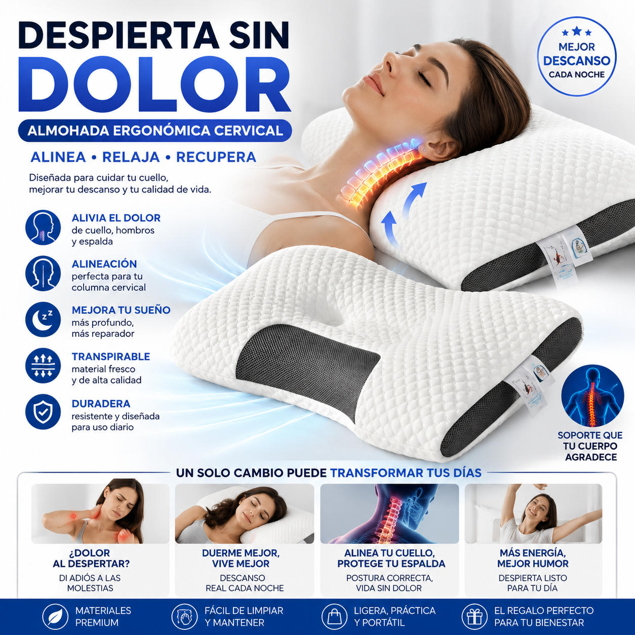 ALMOHADA CERVICAL ERGONÓMICA – Duerme sin dolor y despierta renovado desde la primera noche
